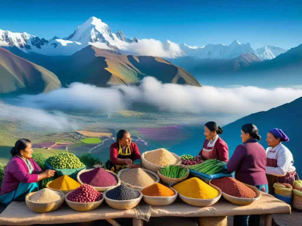 Mercado andino con ingredientes coloridos y agricultores locales interactuando con chefs de todo el mundo, bajo los majestuosos Andes