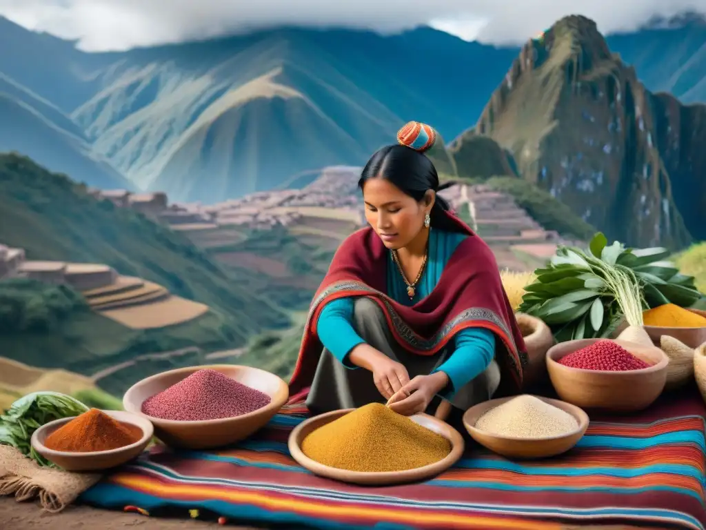 Mercado andino con mujeres indígenas vendiendo quinua y maca, beneficios para la salud ósea