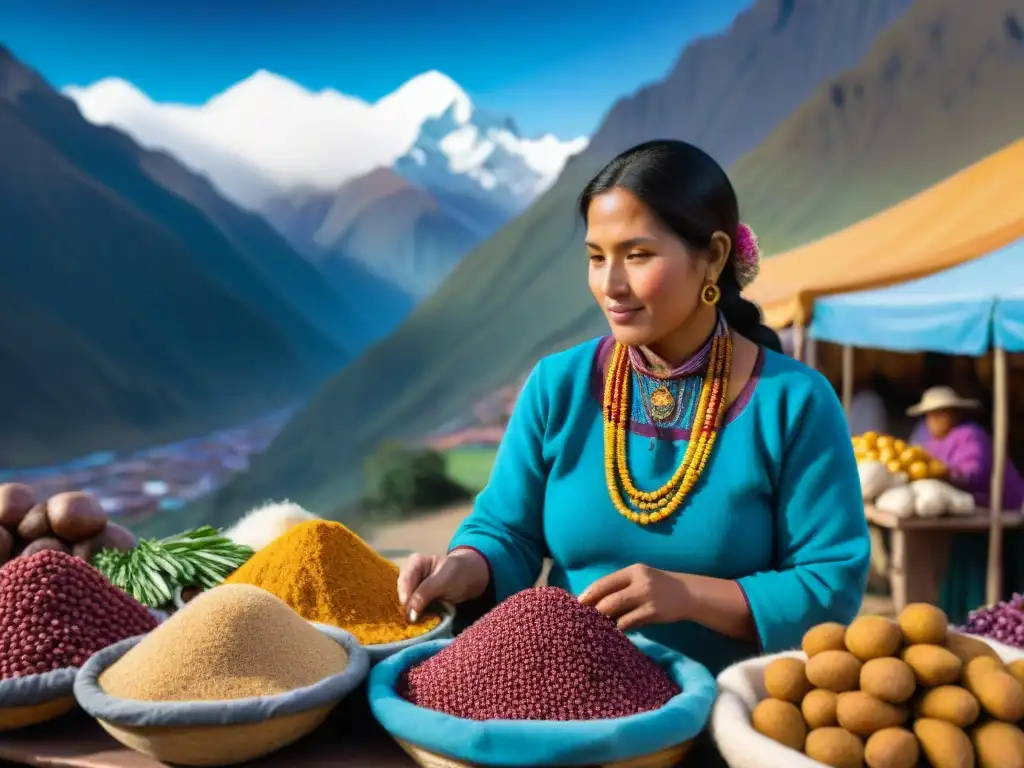 Mercado andino: colores y sabores de la tradición Quechua Mercado andino con mujeres Quechua vendiendo ingredientes autóctonos
