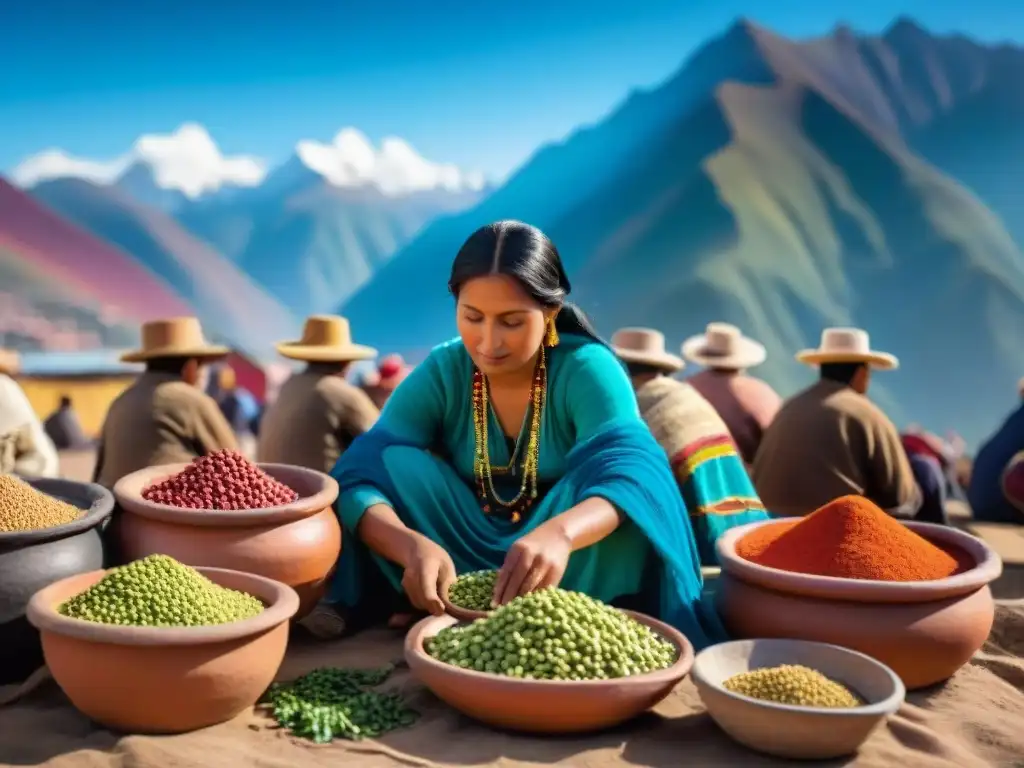 Mercado andino con ponche de habas Andes nutritivo, montañas y gente colorida