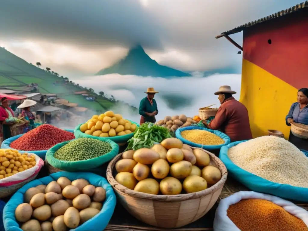 Un mercado andino tradicional rebosante de actividad, mostrando ingredientes coloridos del ajiaco de olluco