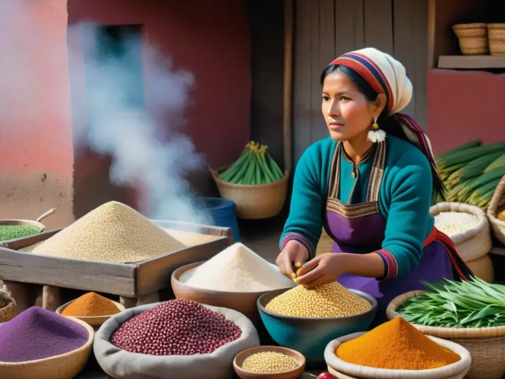 Un mercado andino tradicional rebosante de color y vida, donde se venden superalimentos como quinua, maca y maíz morado