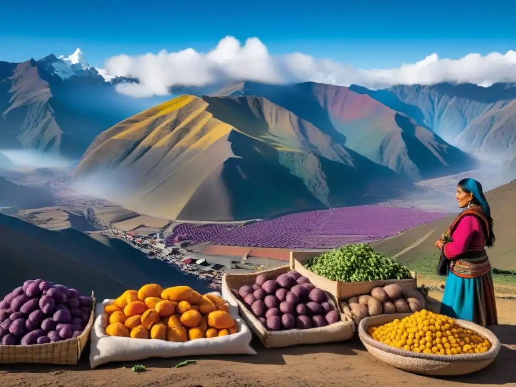 En un mercado andino tradicional, vendedores ofrecen frutas y verduras coloridas