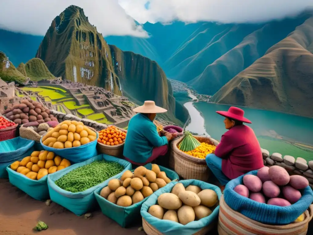 Mercado andino en Perú con variedades de papas nativas en cestas tejidas, reflejando la sostenibilidad en la gastronomía peruana