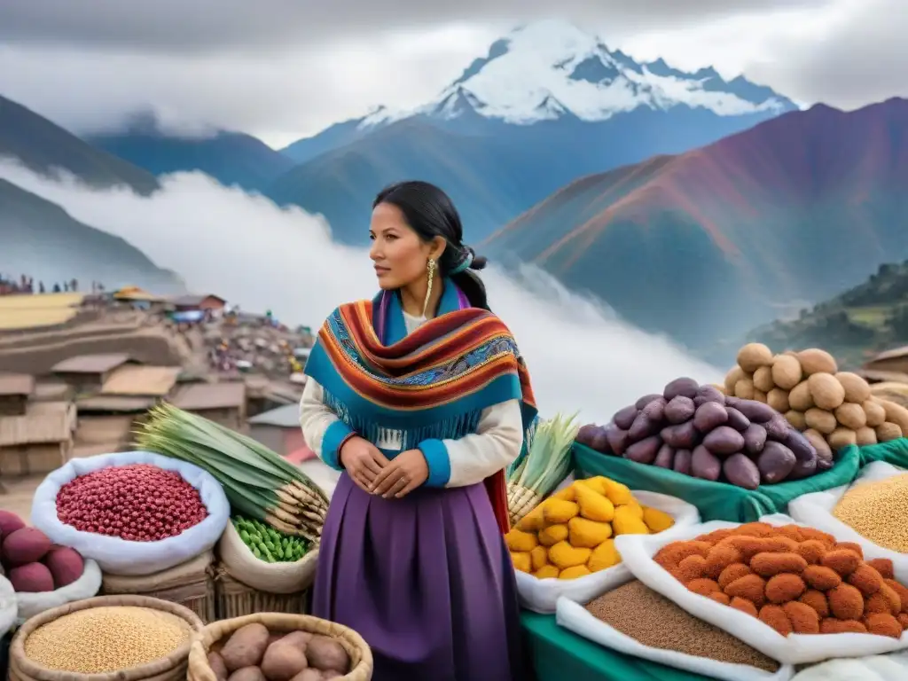 Un mercado andino vibrante y bullicioso con ingredientes autóctonos de la cocina andina