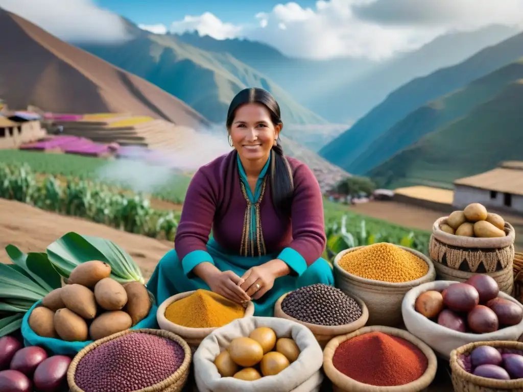 Mercado andino vibrante con ingredientes autóctonos de la cocina peruana, colores vivos y tradiciones ancestrales