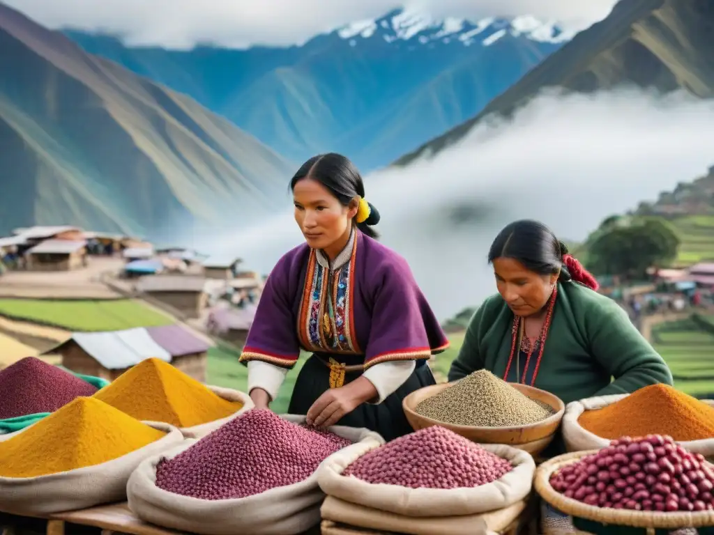 Mercado andino vibrante con ingredientes autóctonos gastronomía peruana y paisaje de los Andes nevados