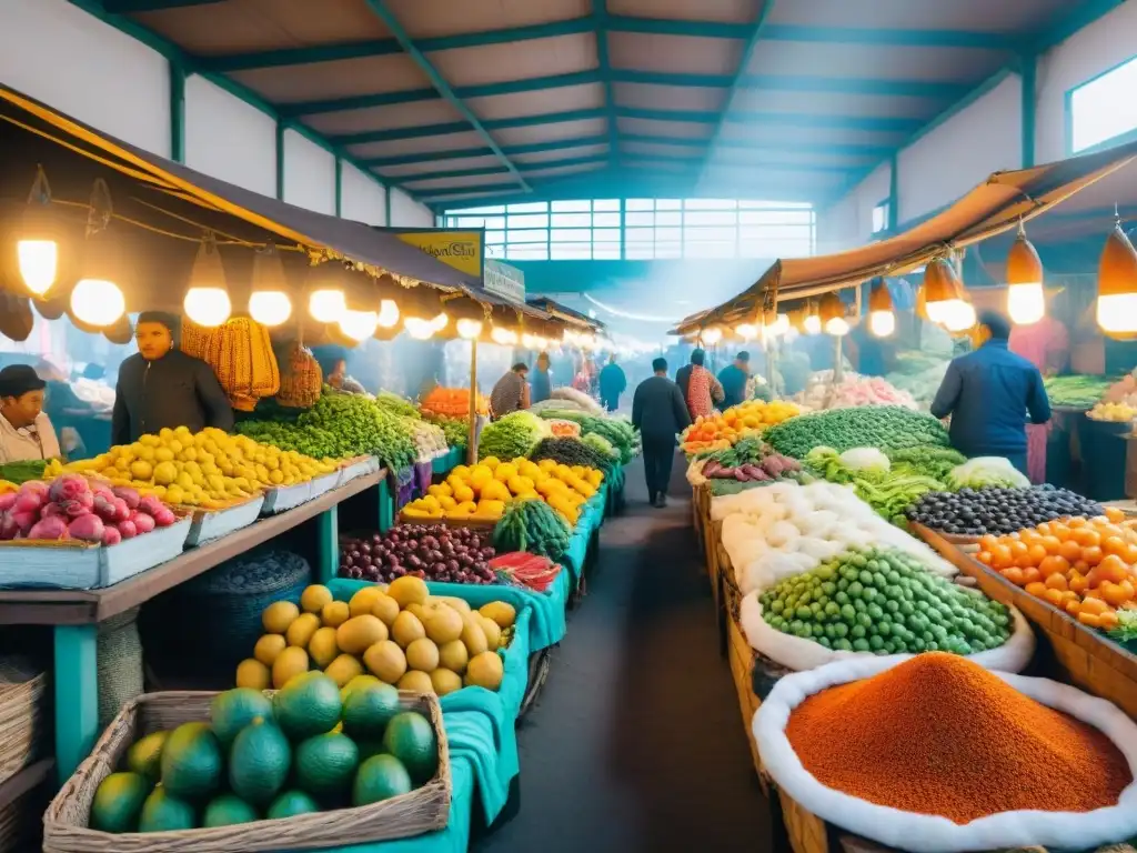 Un mercado bullicioso en Lima con alimentos frescos, textiles coloridos y vendedores atareados