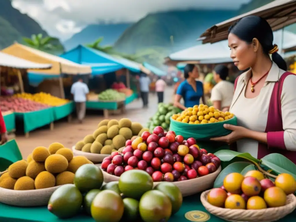 Mercado bullicioso en la Amazonía peruana con frescos camu camu