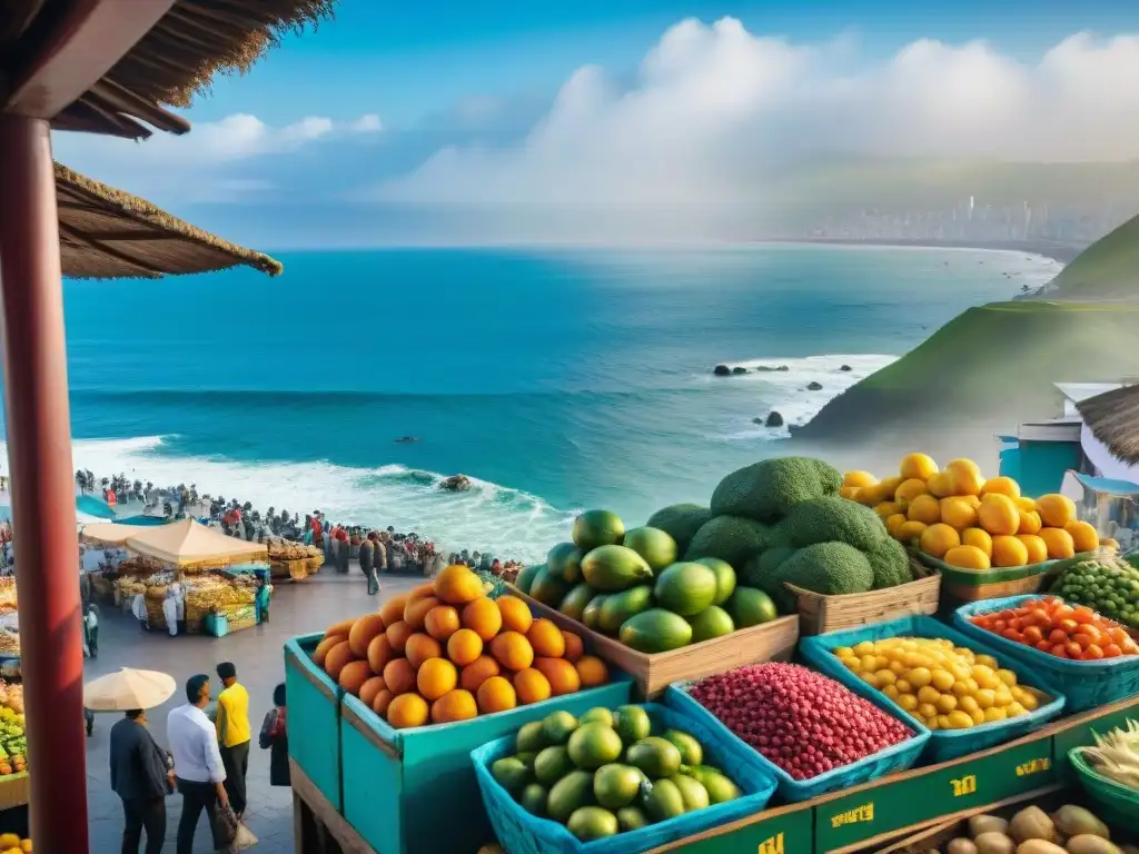 Un mercado bullicioso en Lima, Perú, con colores vibrantes de frutas, verduras y especias locales