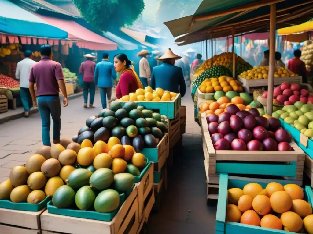 Un mercado bullicioso en Perú con frutas exóticas deliciosas como cocona y aguaje en cajas de madera