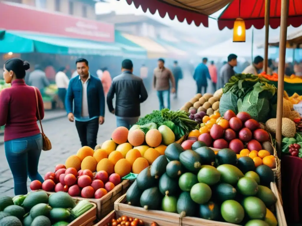 Un mercado bullicioso en Lima, Perú, con frutas frescas y coloridas