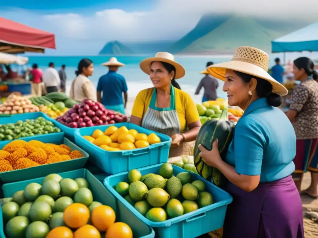 Un mercado bullicioso en Piura, Perú, con frutas tropicales, mariscos frescos y mujeres en trajes tradicionales negociando precios