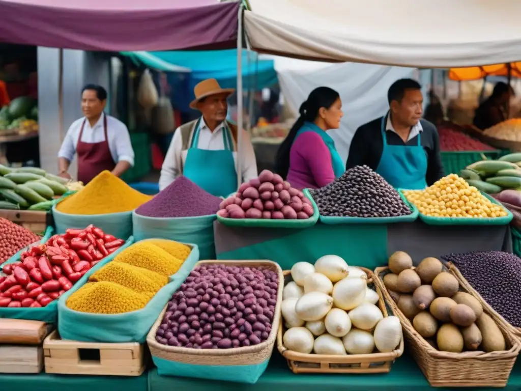 Un mercado bullicioso en Lima, Perú, con ingredientes autóctonos y colores vibrantes