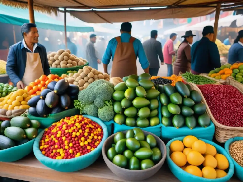 Un mercado bullicioso en Lima, Perú con ingredientes frescos y coloridos de la cocina peruana tradicional y contemporánea