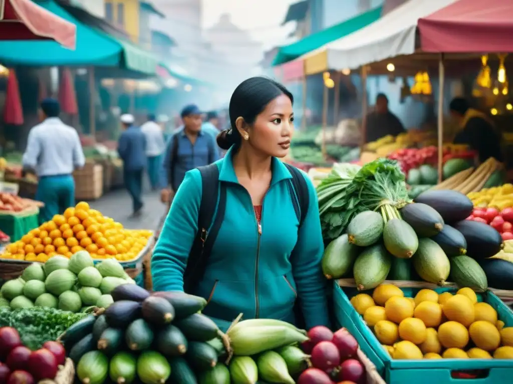 Un mercado bullicioso en Lima lleno de productos coloridos y exóticos