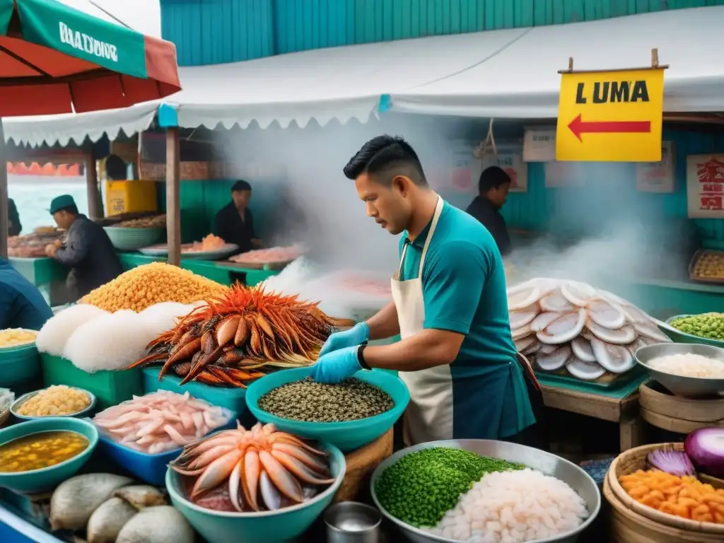 Un mercado bullicioso de mariscos en Lima, Perú, con pescados frescos y coloridos