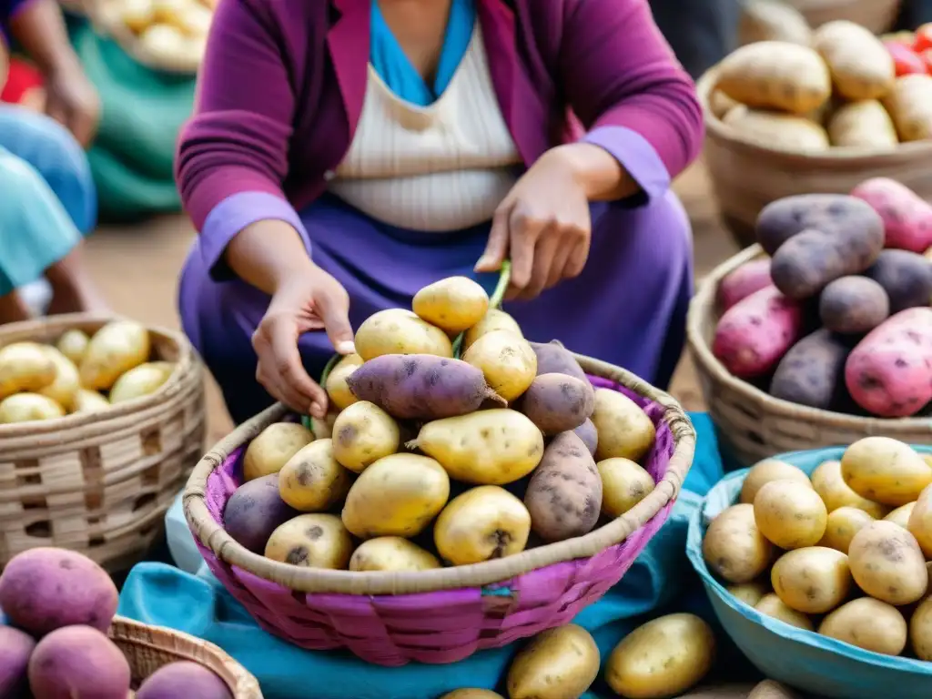 Un mercado bullicioso en Perú con papas nativas en colores y formas únicas