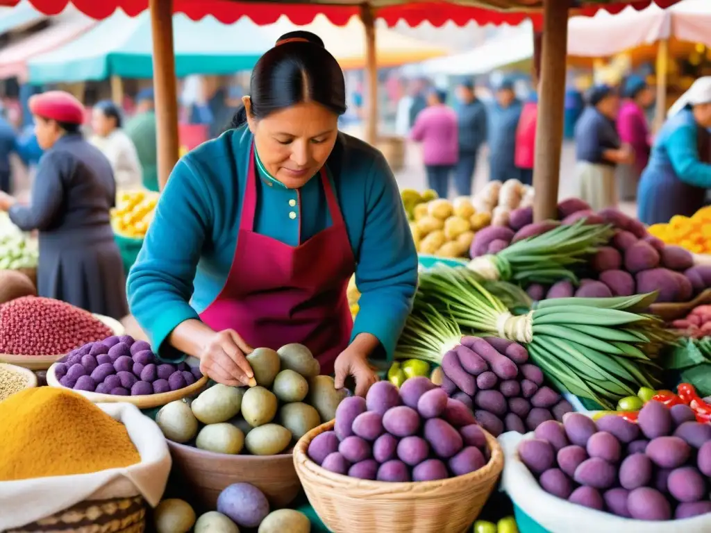 Un mercado bullicioso en Cusco, Perú, con puestos de comida peruana y productos locales