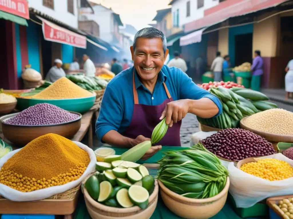 Un mercado bullicioso en Lima, Perú, con puestos rebosantes de colores y sabores de la comida casera limeña auténtica