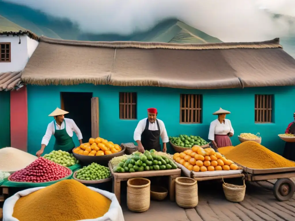 Un mercado bullicioso en Lima del siglo XIX, fusionando ingredientes tradicionales con productos industriales