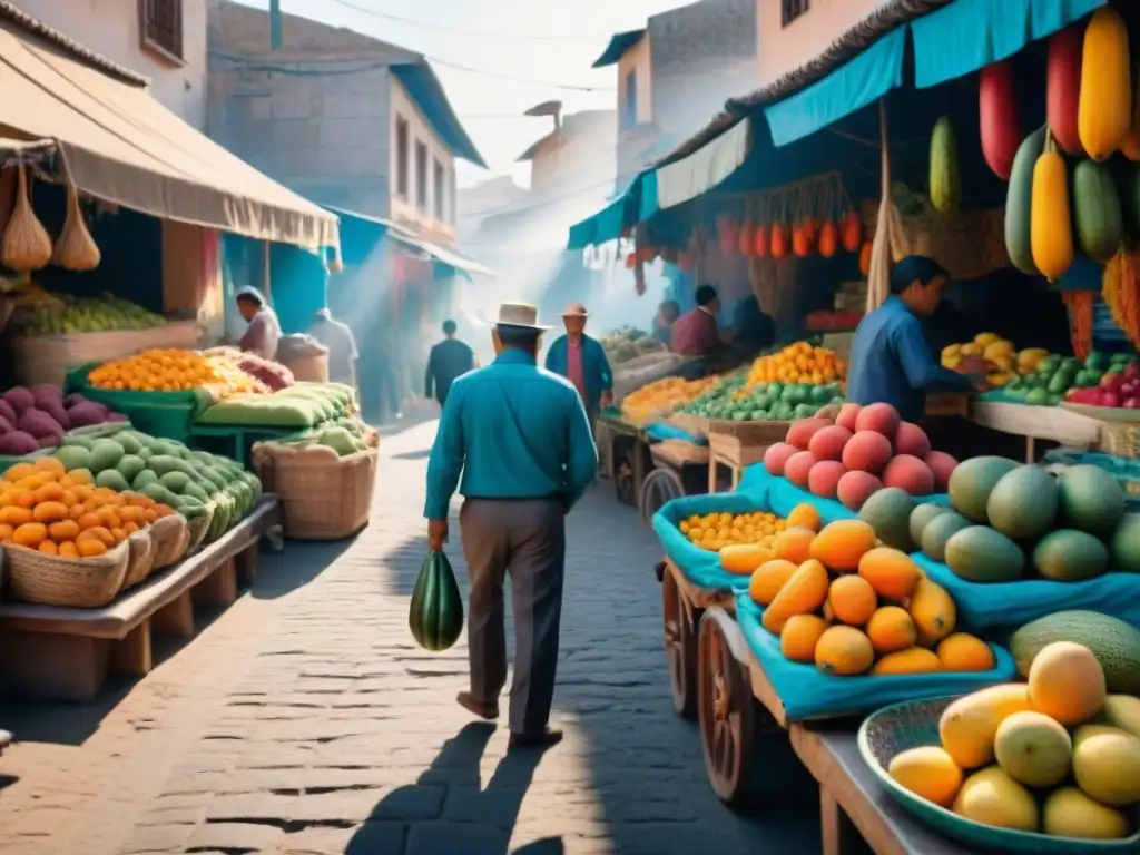 Un mercado callejero en Arequipa, Perú, lleno de colores vibrantes y texturas