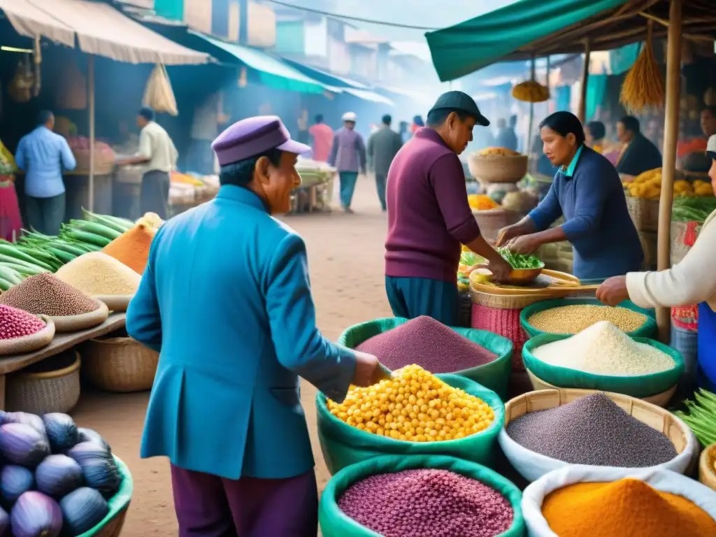 Un mercado callejero en Perú rebosante de colores y vida, donde la gastronomía peruana y sus ingredientes autóctonos resisten