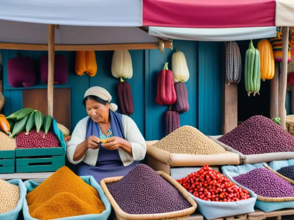 Un mercado callejero en Perú lleno de coloridos ingredientes autóctonos como maíz morado, quinua y ajíes