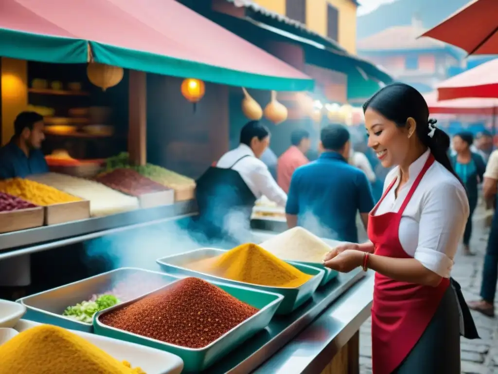 Un mercado callejero lleno de vida con puestos de comida peruana en el extranjero