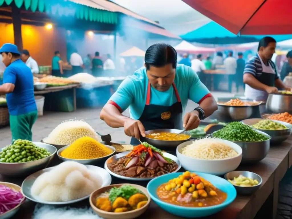 Un mercado callejero peruano bullicioso con platos tradicionales, adaptación gastronomía peruana nuevos paladares