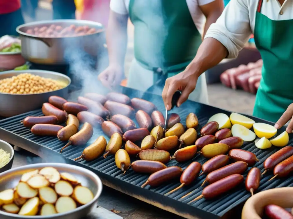 Un mercado callejero peruano bullicioso donde se prepara salchipapas con destreza