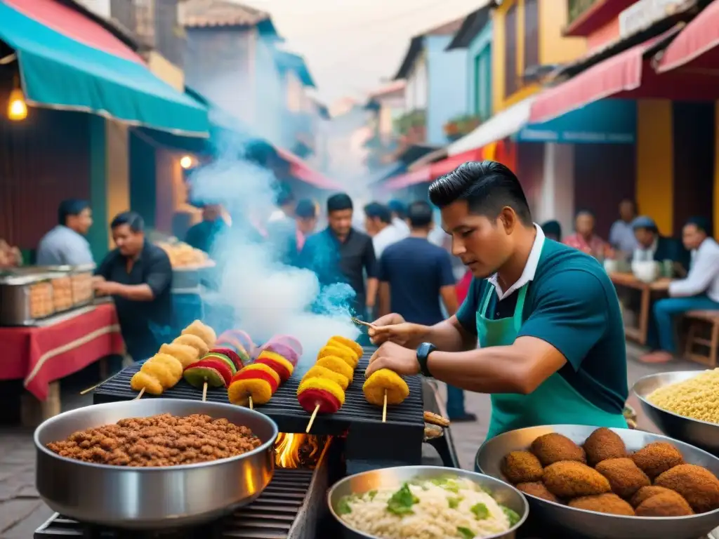 Mercado callejero peruano bullicioso al atardecer, con puestos de comida coloridos