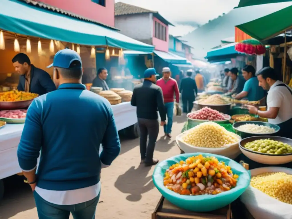 Un mercado callejero peruano bullicioso y colorido, con puestos de comida tradicional y locales e turistas interactuando con vendedores