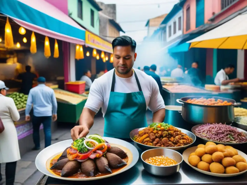 Un mercado callejero peruano bullicioso con puestos coloridos vendiendo ceviche, anticuchos y empanadas