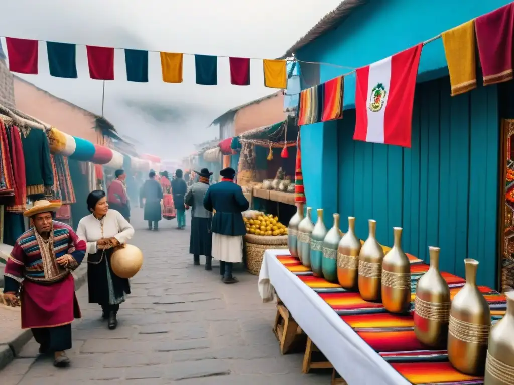 Mercado callejero en Perú con pisco y textiles tradicionales, músicos locales y la popularidad del pisco en redes