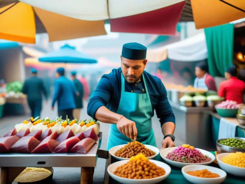 Un mercado callejero en Lima con sabores peruanos y chef preparando lomo saltado