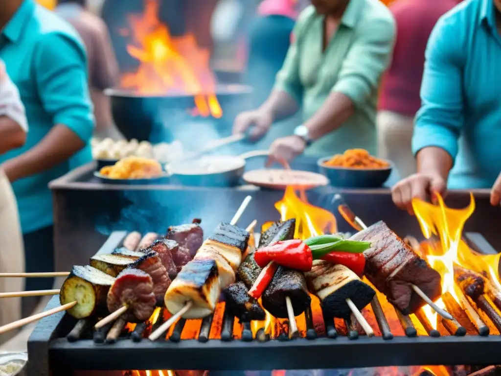 Un mercado callejero en Perú con vendedores de anticuchos, colores vibrantes y expresiones concentradas