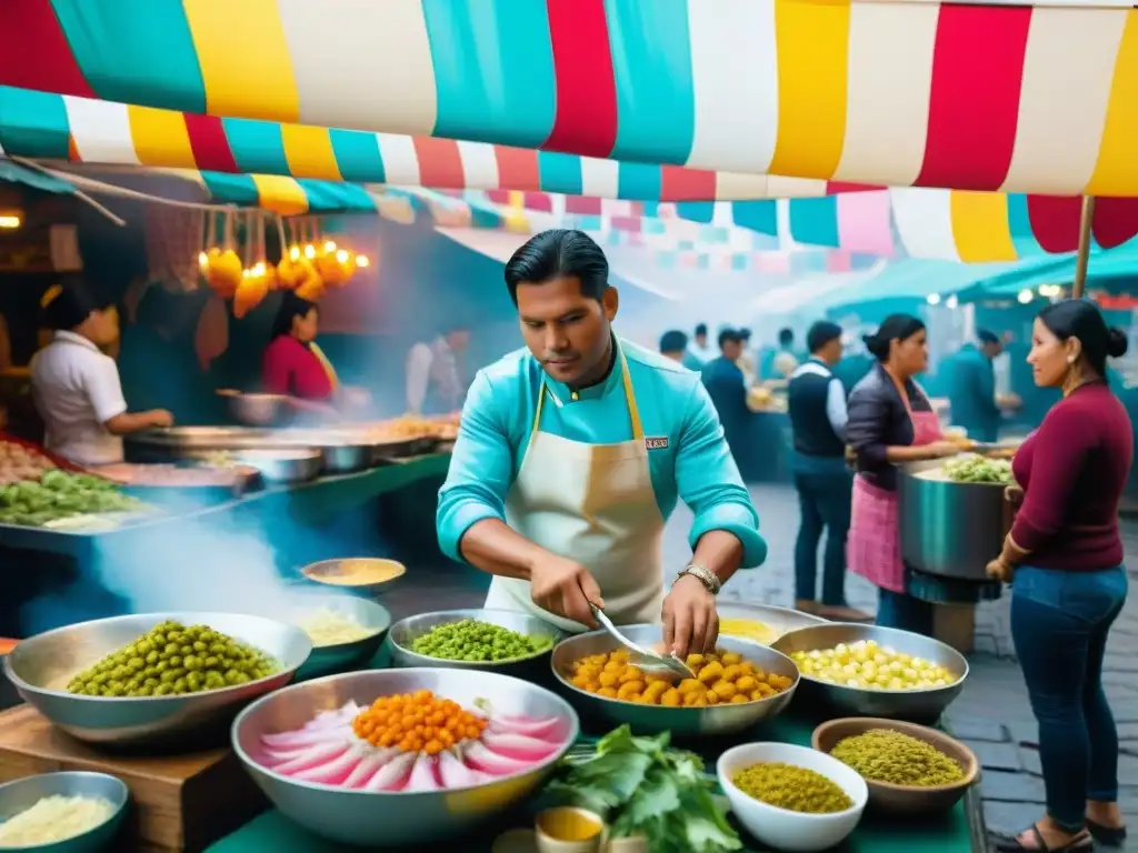 Un mercado callejero vibrante en Lima, Perú, lleno de actividad y diversidad gastronómica