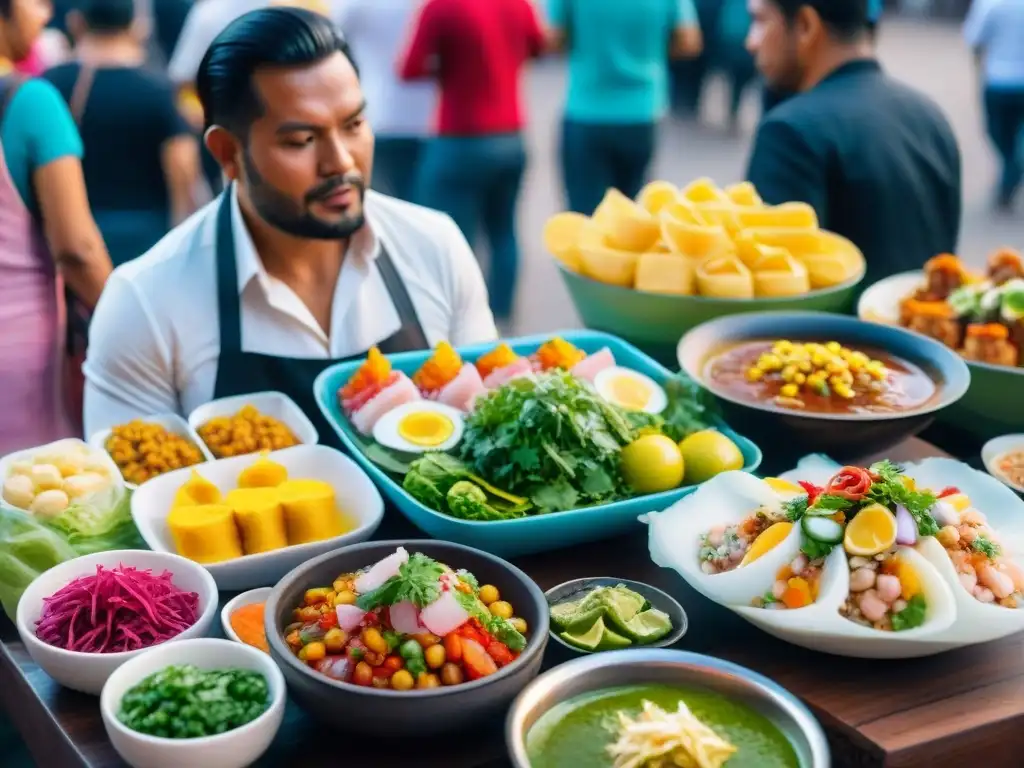 Un mercado callejero vibrante en Lima, Perú, muestra una amplia variedad de platos coloridos como ceviche, causa y anticuchos