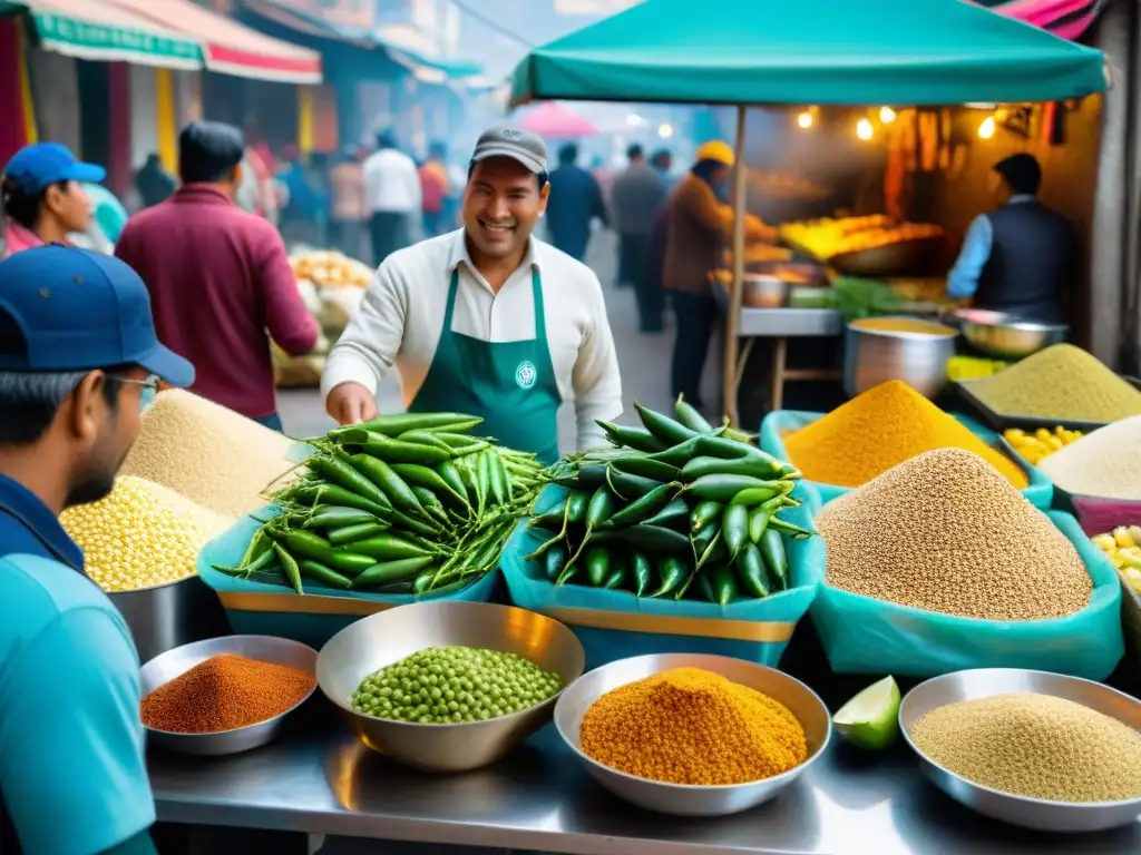 Mercado callejero vibrante en Lima, Perú, con gastronomía peruana inclusión social cultural