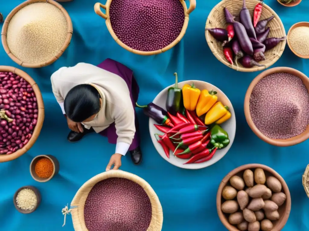 Mercado callejero vibrante en Perú con ingredientes autóctonos y coloridos