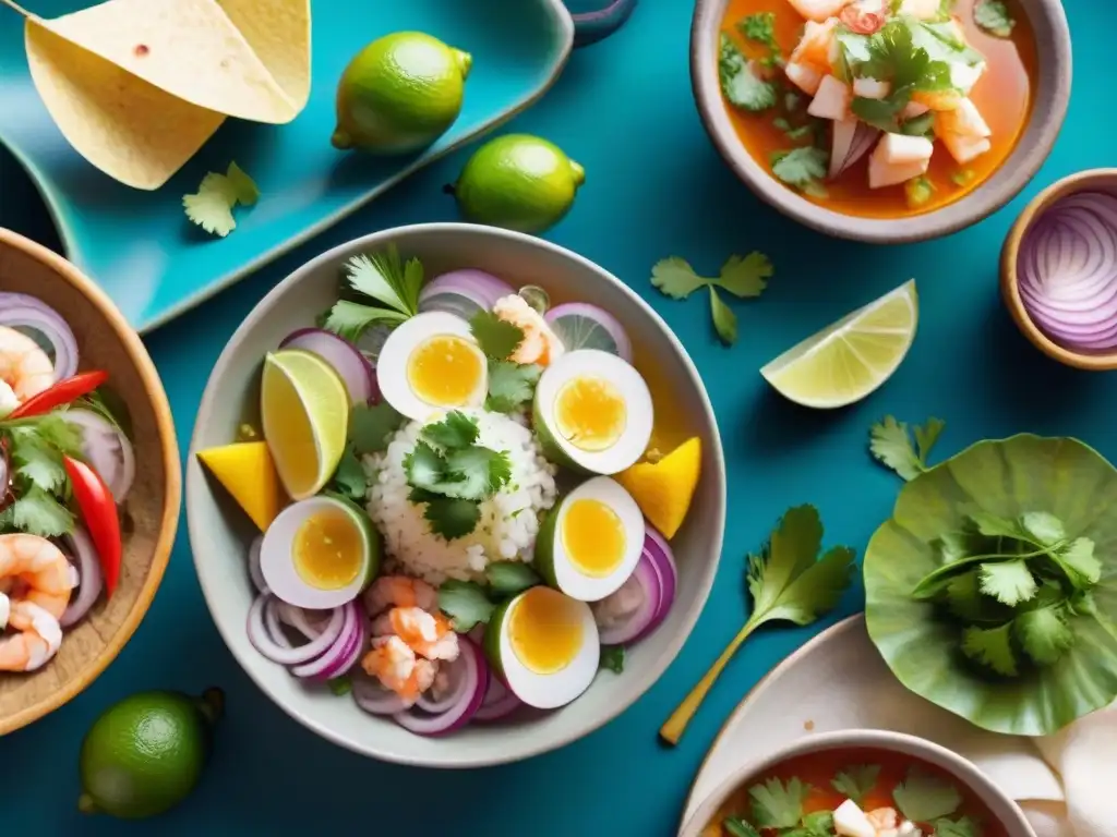 Un mercado callejero vibrante en Perú con ingredientes frescos para ceviche