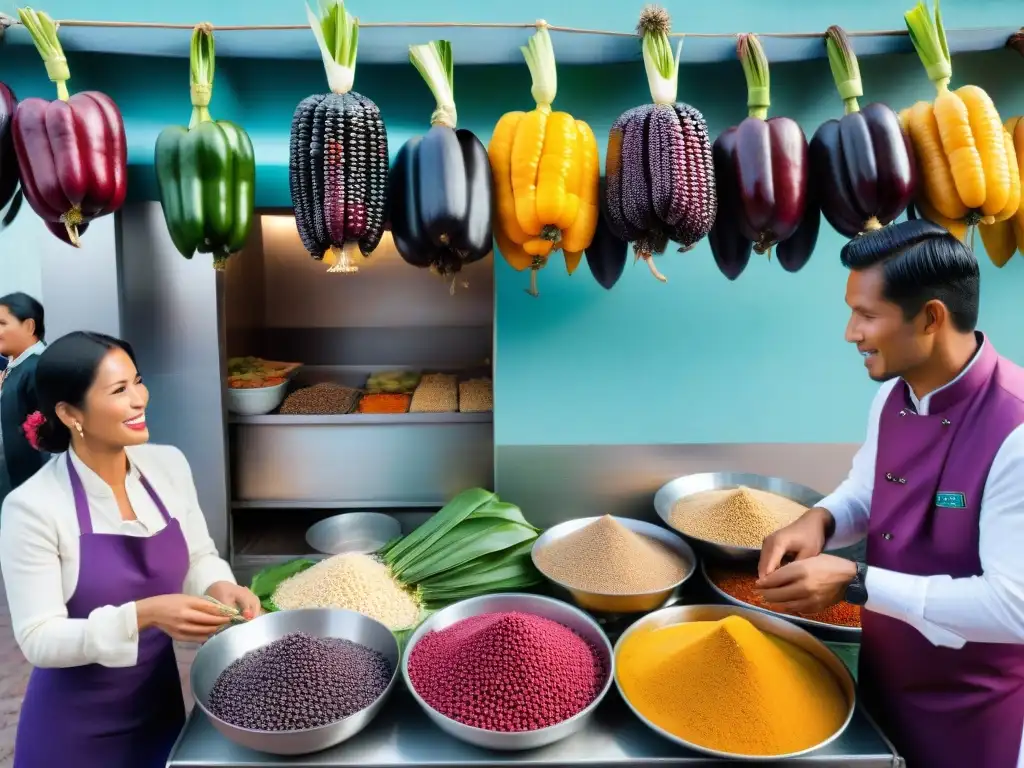 Mercado callejero vibrante en Lima, Perú, con ingredientes autóctonos de la gastronomía peruana en una escena colorida y llena de vida