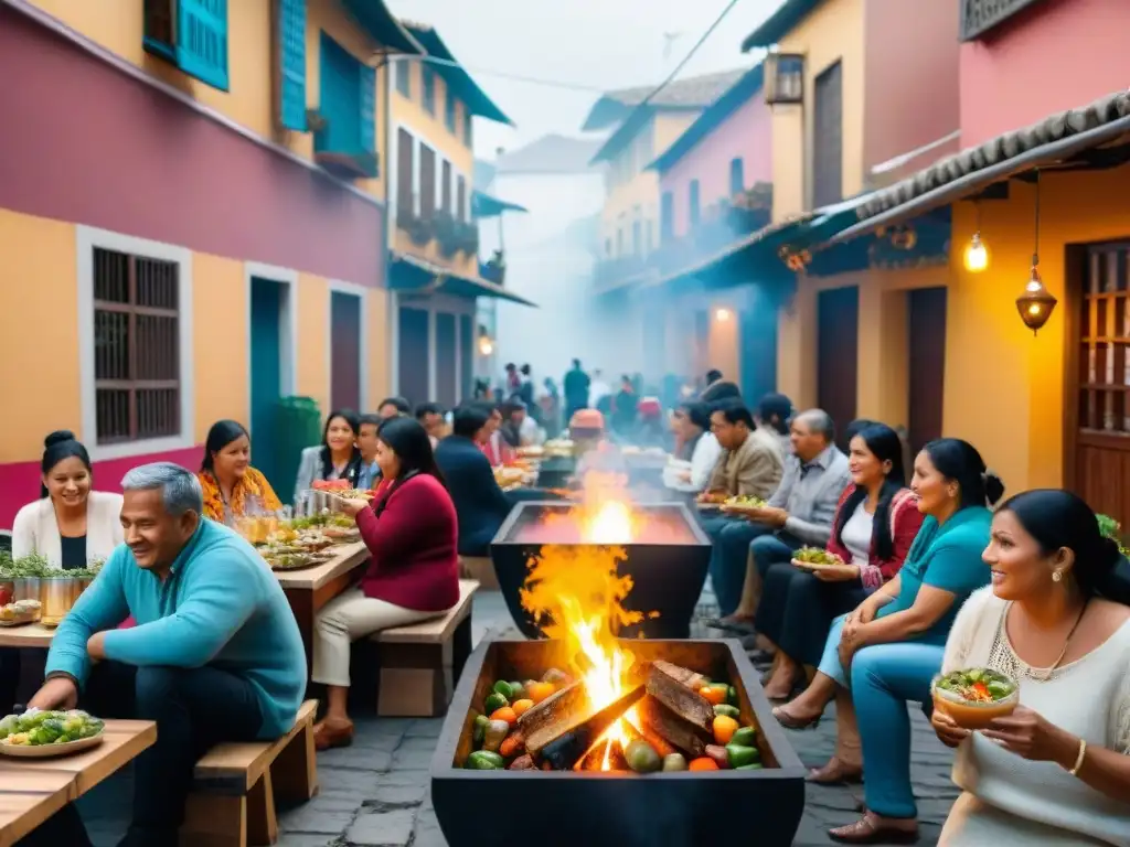 Un mercado callejero vibrante en Perú, lleno de locales y turistas