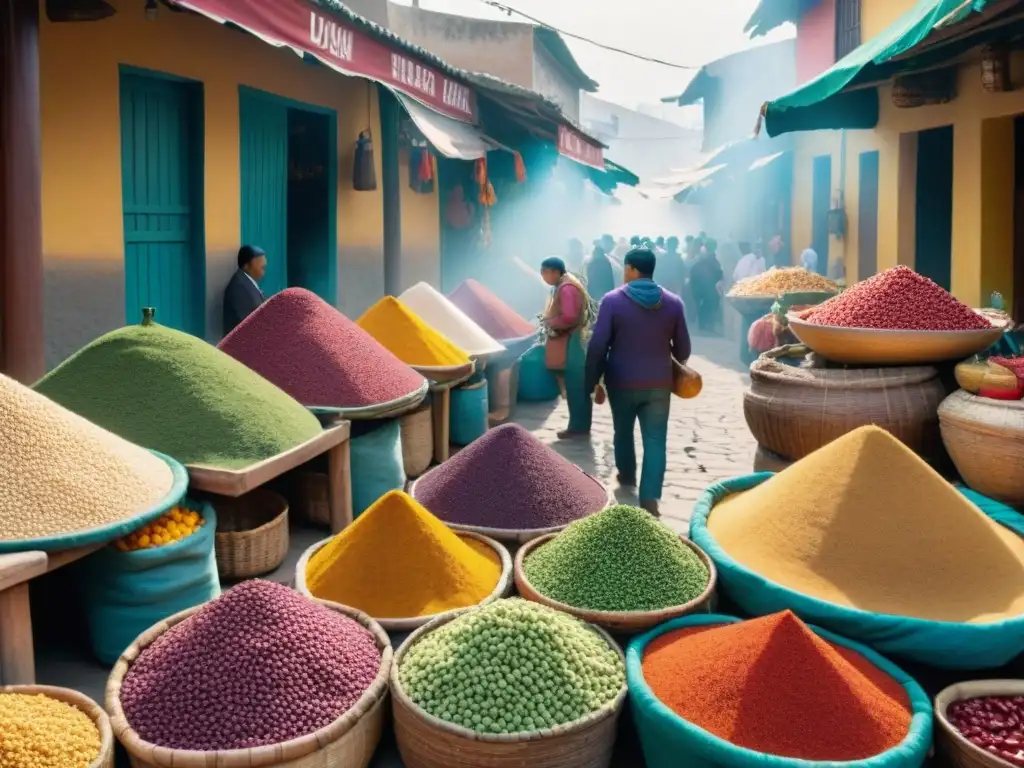 Un mercado callejero vibrante en Lima, Perú, muestra una variedad colorida de comida prehispánica