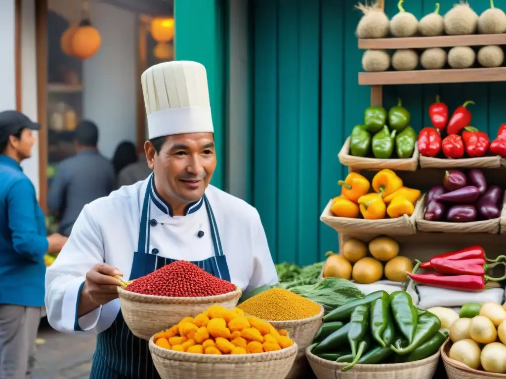 Un mercado callejero vibrante en Lima, Perú, rebosante de vida y colores con ingredientes peruanos