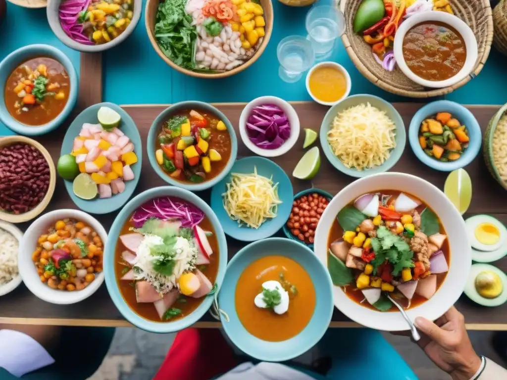 Un mercado de comida peruana bullicioso y colorido, con platos tradicionales y vendedores locales