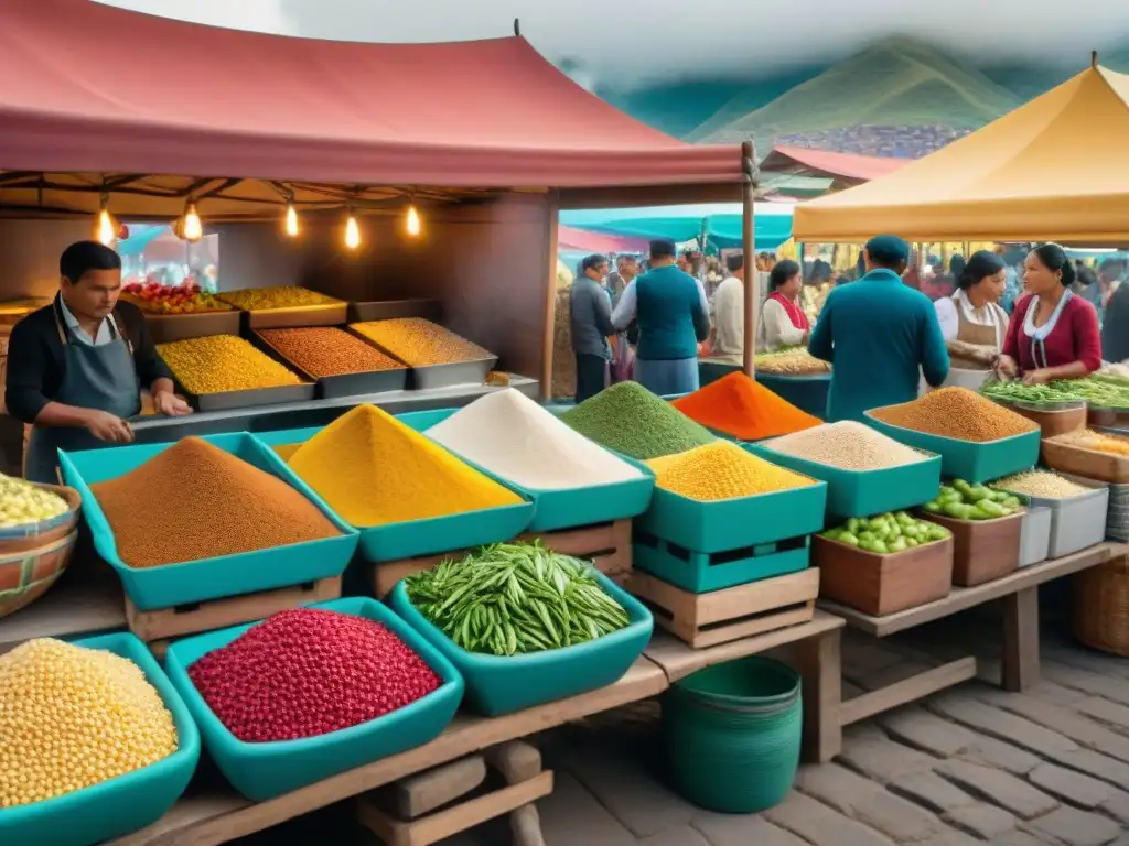 Mercado de comida peruana con coloridos puestos y chefs locales preparando platos tradicionales, reflejando la riqueza culinaria del país