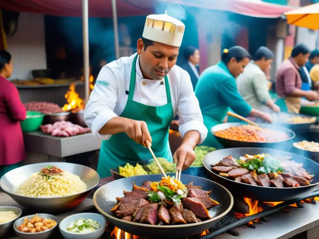 Un mercado de comida peruana en el extranjero, con ceviche y anticuchos siendo preparados y vendidos, capturando la esencia de la gastronomía peruana