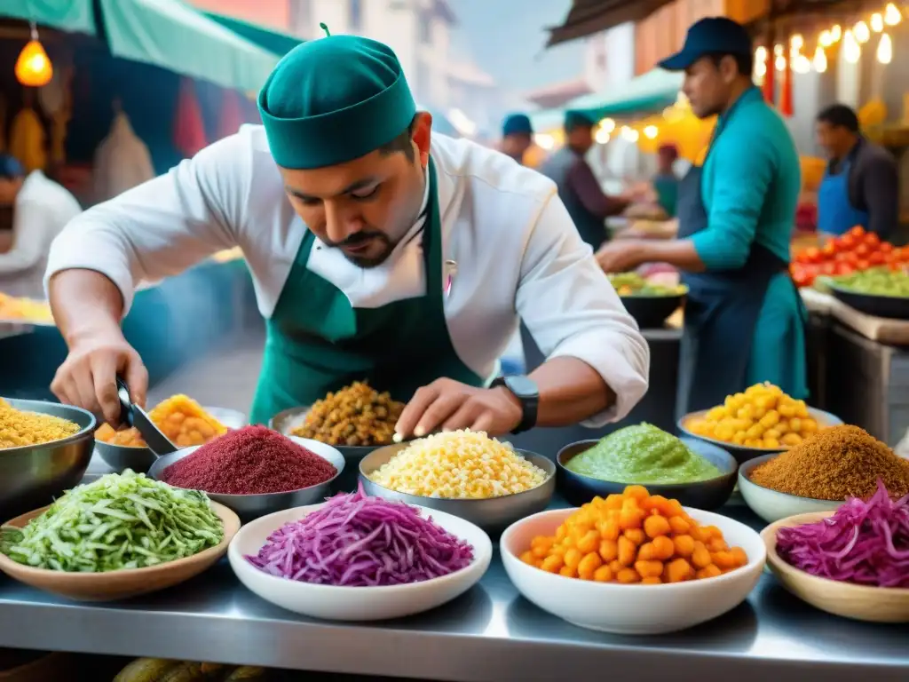 Un mercado de comida peruana en Arequipa con platos tradicionales y coloridas fusiones gastronómicas